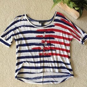 Inc Concepts Petite Embellished Red White and Blue Short Sleeve Top